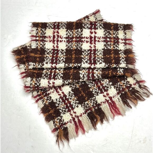 Wool Tartan Plaid Boucle Cream Brown Burgundy Scarf Unisex - Picture 2 of 8